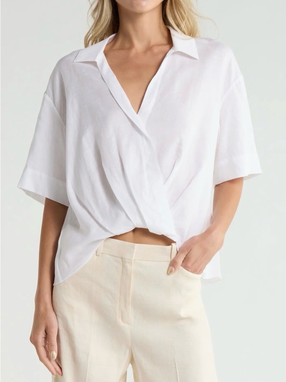 Theory Twist Blouse White Linen Tencel Oversized Top Size Large